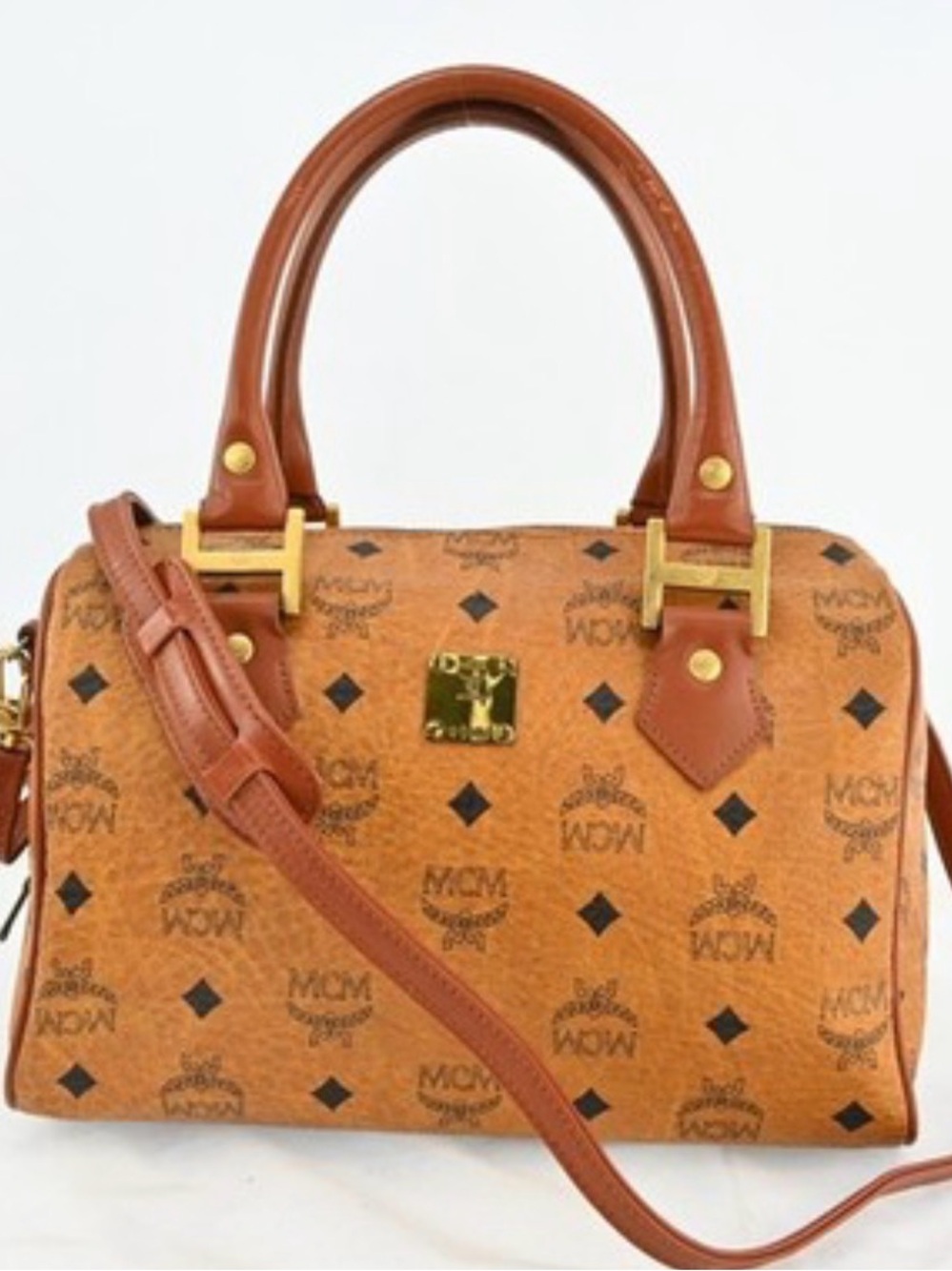 MCM Cognac Monogram Visetos Dome Satchel with Gold Hardware